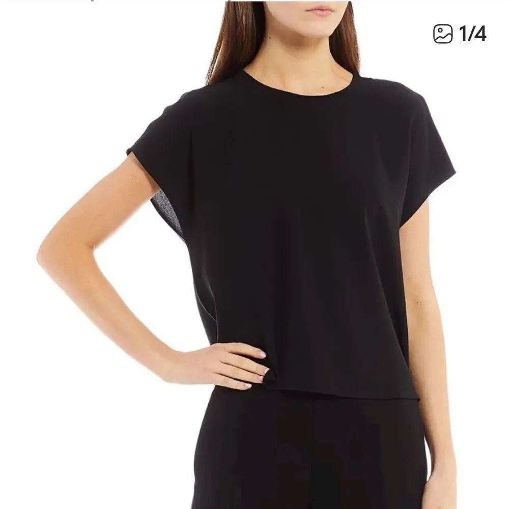 Eileen Fisher Black Sheer Top Silk Blouse Short Sleeve Lightweight size L
